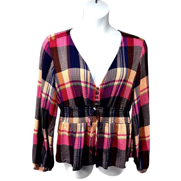 Pilcro Anthropology Tops - Anthropologie Pilcro The Rory Puff Sleeve Smocked V-Neck Plaid Boho Top Shirt XL